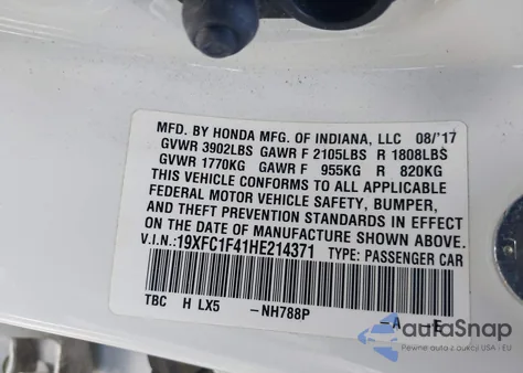 2017 Honda Civic Ex-T z USA, uszkodzony, nr VIN 19XFC1F41HE214371